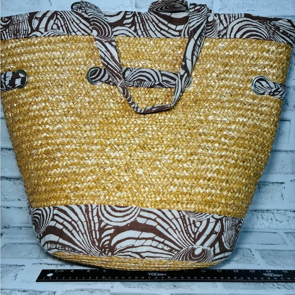 Stylish Yellow Straw with Brown and White Ribbon Accents Tote/Beach Bag